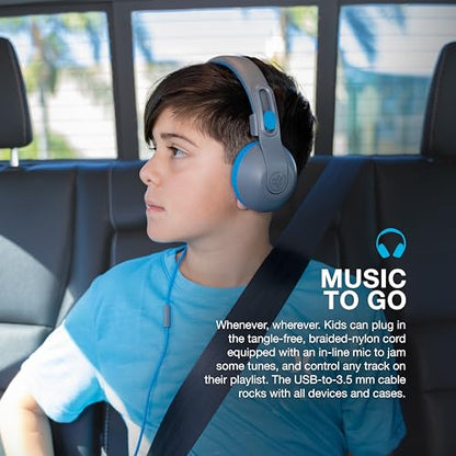 JLab JBuddies Studio 2 On-Ear Kids Wired Headphones, Grey/Blue, Toddler Headphones, Kid Safe, Studio Volume Safe, Volume Limiter, Folding, Adjustable, Noise Isolation, with Mic