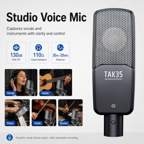 TAKSTAR XLR Condenser Studio Microphone with Shock Mount | 16mm Diaphragm, 30Hz-20kHz Response, -36dB Sensitivity, Shock Mount & Windscreen Included, Requires 48V Phantom Power