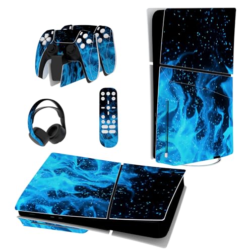 PlayVital Full Set Skin Sticker for ps5 Slim Console Disc Edition (The New Smaller Design), Vinyl Skin Decal Cover for ps5 Controller & Headset & Charging Station & Media Remote - Blue Flame - color: Blue Flame