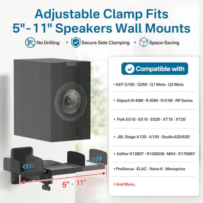 Adjustable Speaker Wall Mounts Pair for KEF Q150/Q350/Q1&Q3 Meta, Yamaha HS5/HS7/HS8, 5" to 11" Dual Side Clamp Fit Klipsch, Polk, JBL 305P Bookshelf Speakers, for Edifier, PreSonus Studio Monitors