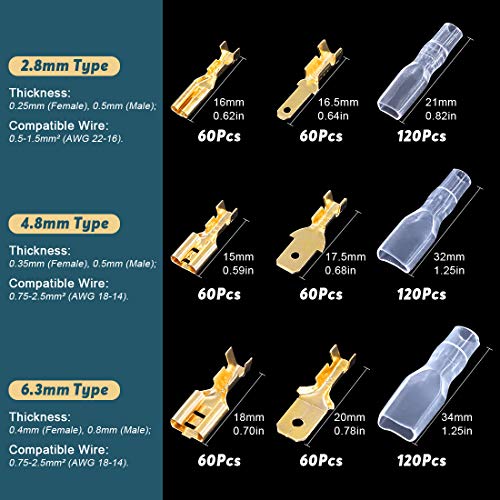 Glarks 720Pcs 2.8mm 4.8mm 6.3mm Male and Female Wire Spade Connector and Insulating Sleeve Assortment Kit Copper Wire Crimp Terminal Block with Nylon Sleeve Set for Car Audio Speaker - style: 720Pcs Golden Spade Connector
