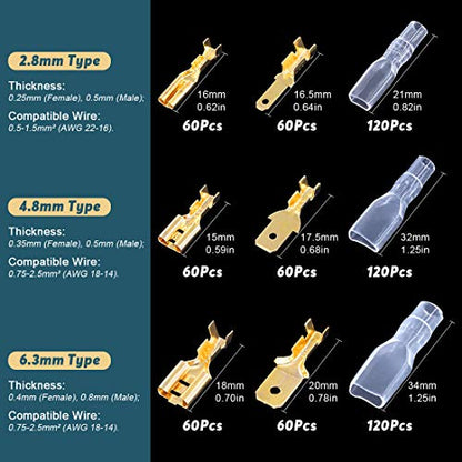 Glarks 720Pcs 2.8mm 4.8mm 6.3mm Male and Female Wire Spade Connector and Insulating Sleeve Assortment Kit Copper Wire Crimp Terminal Block with Nylon Sleeve Set for Car Audio Speaker - style: 720Pcs Golden Spade Connector