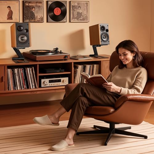 Desktop Speaker Stands, Adjustable Depth 5.5″–7.5″, 1 Pair | 17.6lbs Capacity Each, with Vibration Absorption Pads, Cantilevered Stand for Small & Medium Bookshelf Speakers, Black