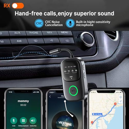 Bluetooth 5.4 Transmitter Receiver, 2-in-1 Wireless Audio Adapter for Airplane, TV, Car & Home Stereo, Connect 2 AirPods or Headphones, 3.5mm AUX Bluetooth Adapter with LED Display & Mic