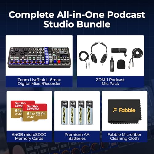 Zoom LiveTrak L6max Digital Mixer/Recorder Bundle with ZDM-1 Podcast Mic Pack, Headphones, Mic Stand, XLR Cable, Windscreen, Batteries, MicroSD Cards