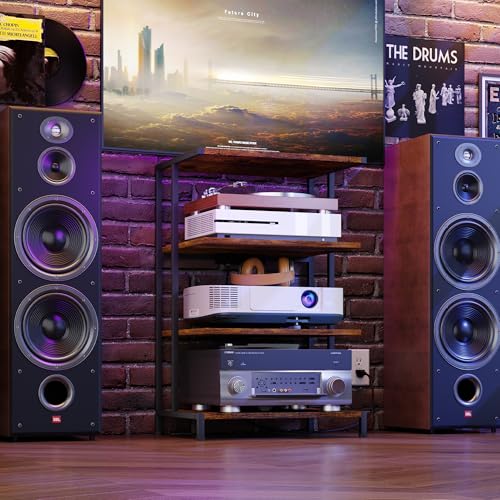 X-cosrack AV Media Stand with Power Strips,4-Tier Stereo Cabinet Audio Rack,Game Console Shelf with Adjustable Shelves,Small Entertainment Center with Larger Tabletop for PS5 Xbox TV Box DVD Players - style: Large and Outlet