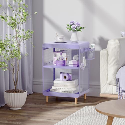 SYKIARIOL Kids Nightstand for Girls, 3-Tier Storage Shelf, Purple | Metal Bedside Table with 4 Hooks & Hanging Basket, Toddler Night Stand for Bedroom - color: Purple