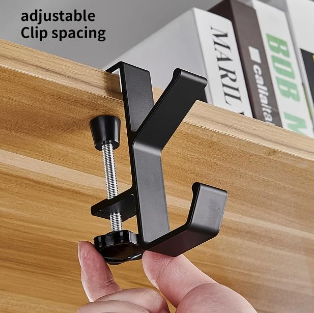 2Pcs Under Desk Headphone Holder - Adjustable Clamp Hook for Bag, Purse, Backpack, Fits 1-5cm (0.4-1.96”) Thick Table - Black