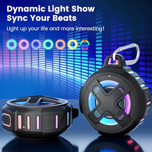 Upgraded, IP67 Waterproof Bluetooth Speaker, Silicone Case,10W Pro Sound&Deep Bass,24H Playtime, with Lights,Clip,Floating,for Shower,Beach essentials, Kayak Paddle Board Boat Lake Camping accessories - color: A-Black