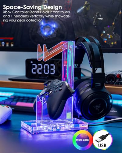 OAPRIRE Headset and Controller Stand with Lights, 2 Tier Acrylic Game Controller Holder, Controller and Headset Stand for Desktop,Universal Design Compatible with PS5/PS4/XBOX/SWITCH (Clear) - color: Clear, size: 2 Tier-Lights