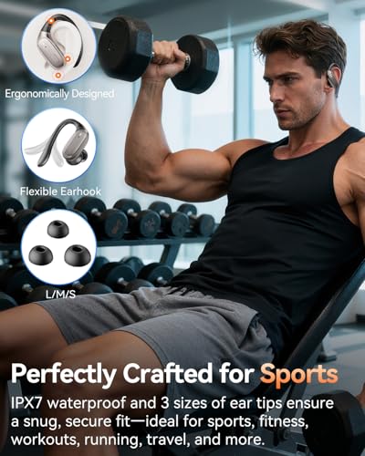 LEEMC Wireless Earbuds, Bluetooth Headphones 5.4, Ear Buds with Hooks for Sports, 80Hr Playtime Earphones, LED Display, IPX7 Waterproof Headset for Workout Running, Taupe