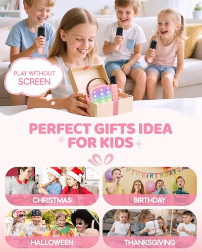 YLL Mini Karaoke Machine with 4 Wireless Microphones, Gifts for Kids | Portable Magic Voice Bluetooth Speaker, Birthday Gifts for Girls Ages 3, 4, 5, 6, 7, 8, 9, 10, 11, 12+ Year Old Family Party - color: Pink-4 Mics