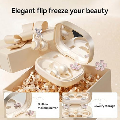 Open Ear Wireless Earbuds for Women with Makeup Mirror Charging Case, Clip-on Bluetooth 6.0 Headphones with Spatial Audio, Includes Flower & Butterfly Earrings, Long Battery Life - color: Cream White