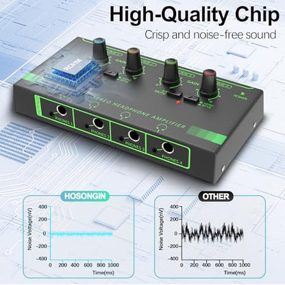 HOSONGIN 4 Channel Headphone Amplifier, Portable Mini Earphone Splitter with Independent Volume Control, Low Noise Stereo Output, Compatible with 1/4" & 1/8" TS/TRS, Ideal for Studio Stage