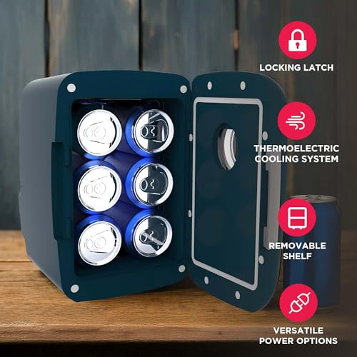 Frigidaire Mini Portable Compact Personal Cooler Fridge, 4 Liter Capacity Chills Six 12 oz Cans, 100% Freon-Free & Eco Friendly, Includes Plugs for Home Outlet - AZURE, BUILT IN BLUETOOTH SPEAKER - color: Azure