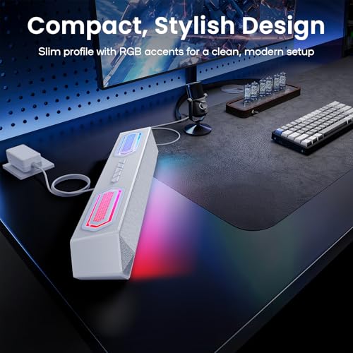 Deeyaple Computer Speakers, 40W PC Speakers for Desktop Monitor with Bluetooth 5.3 & USB Audio, HiFi Stereo Gaming Soundbar with Custom EQ Software, Dynamic RGB Lighting for Laptop, PS4, PS5, White.