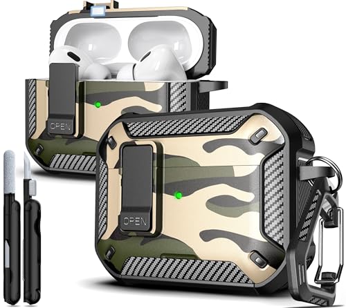 for AirPods Pro 2 Case with Lock Magnetic Lid, Camo | Compatible with AirPods Pro 2nd Generation and AirPods Pro 1st Generation (2019) Case with Cleaner Kit & Carabiner, MagSafe - color: FK-Camo, size: Airpoods Pro 1st/2nd Generation