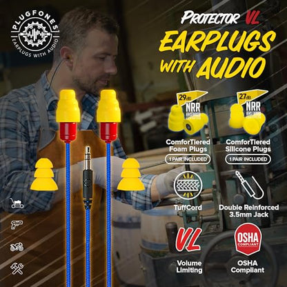 Plugfones Protector Volume Limited Audio Earbuds, OSHA Compliant Earplugs with Sound, Blue & Yellow - color: Yellow & Red