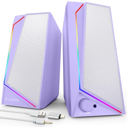 LENRUE Computer Speakers, USB/USB-C Powered AUX Audio for PC Speakers with Loud Stereo Sound, Headphone-in, Touch Lights for Desktop, Computer, Laptop, Desk（USB-C to USB Adapter Included - color: Purple