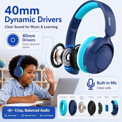 Kids Bluetooth Headphones Wireless,ANC,68H,Safe Volume Limit 85/94dB Blue | Adjustable Headband Foldable Over-Ear for Toddler Girls Boys Tablet/iPad,HD Stereo,Built-in Mic - color: Prussian Blue