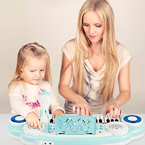 Costzon 37 Keys Electronic Keyboard Piano for Kids, Portable Musical Keyboard with Rhythm Light, Microphone, Recording, Music Stand, 8 Tone Keys, 4 Percussion Instruments (Blue) - style: Blue