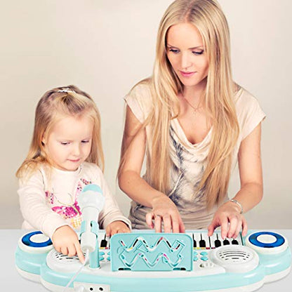 Costzon 37 Keys Electronic Keyboard Piano for Kids, Portable Musical Keyboard with Rhythm Light, Microphone, Recording, Music Stand, 8 Tone Keys, 4 Percussion Instruments (Blue) - style: Blue