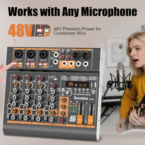 5 Channel Audio Mixer with Bluetooth & 99 DSP Effects for Streaming | 48V Phantom, 3-Band EQ, USB Rec, Stereo Inputs, Low Noise, Gain Control,Headphone Jack for Podcast, Church, Karaoke, Live