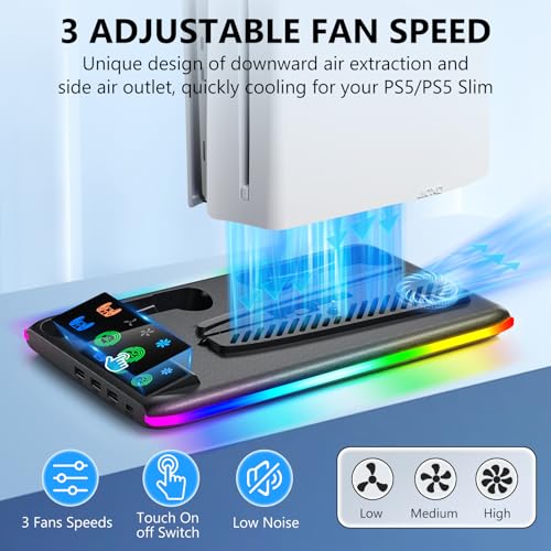 BRHE PS5/Slim/Pro Cooling & Charging Station with Cooling Fan,PS5/Slim/Pro Stand for Disc & Digital Console,PS5 Controller Charger,PS5 Accessories with 3 Charging Ports,Headset Holder - color: Black