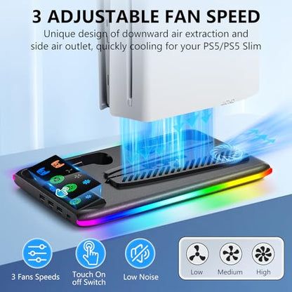 BRHE PS5/Slim/Pro Cooling & Charging Station with Cooling Fan,PS5/Slim/Pro Stand for Disc & Digital Console,PS5 Controller Charger,PS5 Accessories with 3 Charging Ports,Headset Holder - color: Black