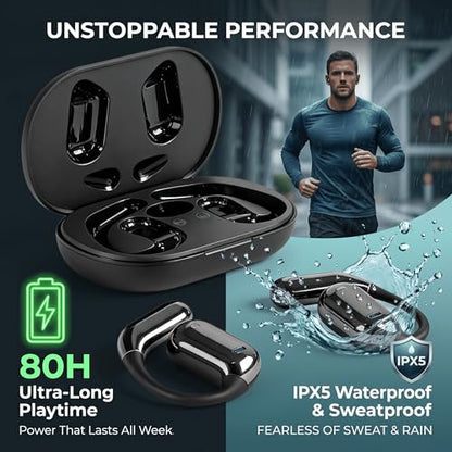 HAUSBELL Open Ear Wireless Earbuds Bone Conduction Headphones 80H Sports | IPX5 waterproof, digital display, 6.1Bluetooth. Ergonomic earhook for cycling, running & gym. Comfort for glasses wearers