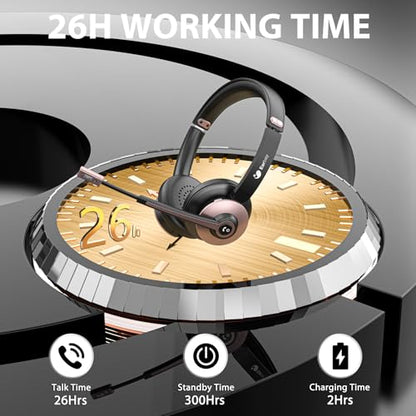 Wireless Headset with Mic for Work, Bluetooth Headphones with Microphone Noise Canceling & USB Dongle, Handsfree 26+ Hours Battery & Mute Button, for Office/Call Center/Laptop/MS Teams/Conference