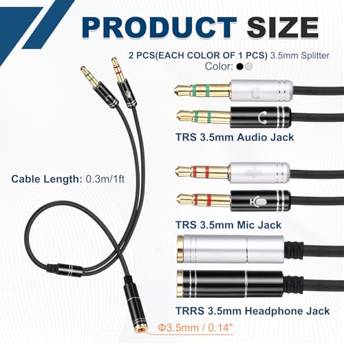 MECCANIXITY 2Pcs 3.5mm Splitter Female to 2 Dual 3.5mm Male 1' Black/Gray - color: Black/Gray, size: 1ft