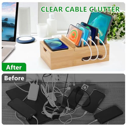 Bamboo Charging Station for Multiple Devices, Desktop Charger Organizer with Tray& Drawer, Wooden Docking Station for Smart Devices, Cell Phone, Tablet,Watch (Include 6 Cables, 5 Port USB Charger)