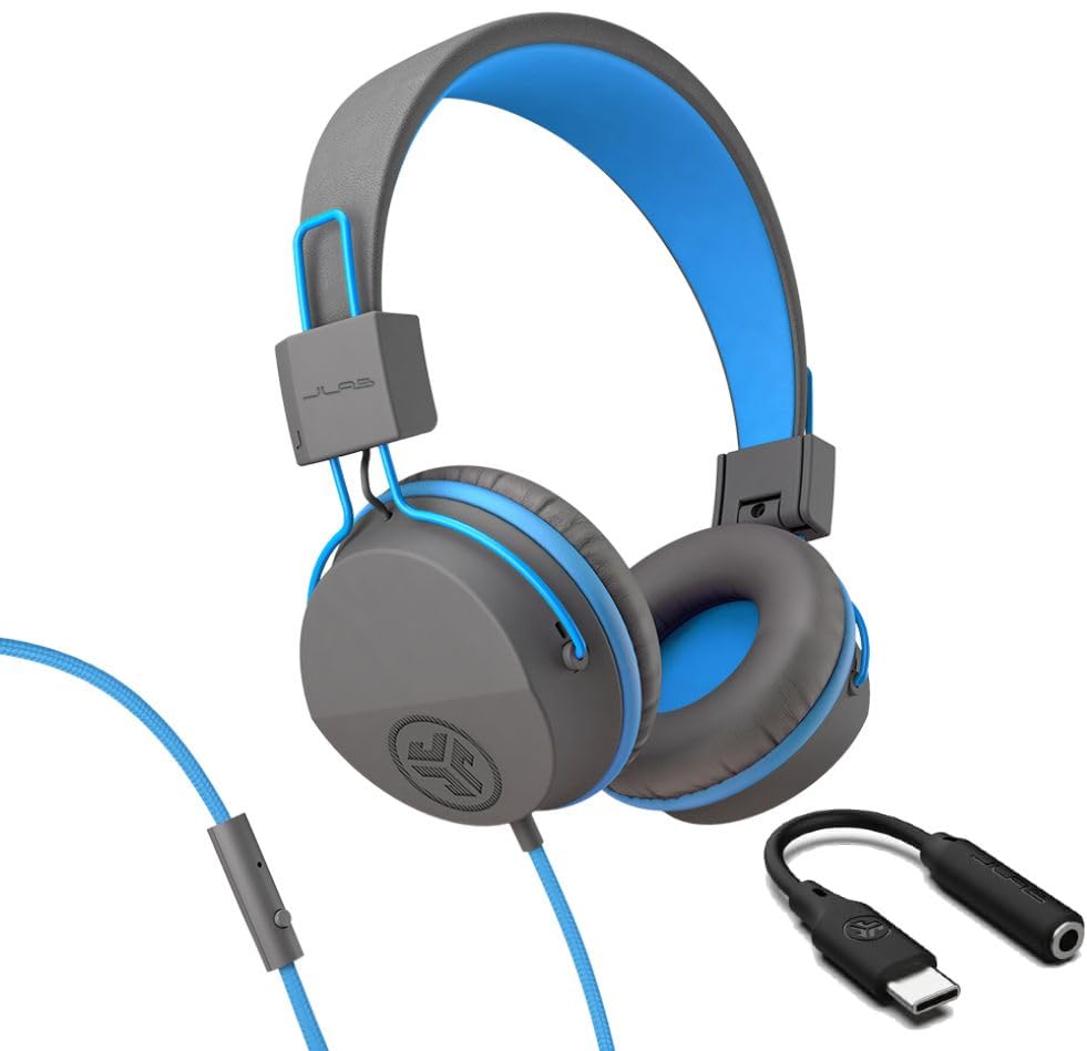 JLab, JBuddies Studio, Kids Wired on-Ear Headphones, Bundle with USB-C Adapter, Volume limiting, Foldable, Grey/Blue - color: Grey / Blue, size: Bundles