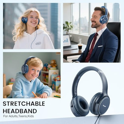 USB C Wired Over-Ear Headphones with Microphone | Volume Control, Share Port, Adjustable Headband Foldable Stereo Headset for Adult/Teens for iPhone 16, Laptop, Gaming, Travel - color: Blue