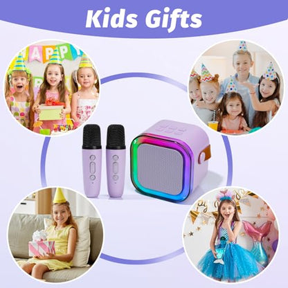 Mini Karaoke Machine for Kids, Portable Karaoke Speaker with 2 Wireless Microphones,Voice Effects,LED Lights, Singing Machine for Girl, Ages 3,4,5,6,7,8,9,10,11,12+ Years Old Birthday Gift(Purple) - color: Purple