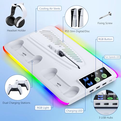 BRHE PS5/Slim Cooling & Charging Station,PS5/Slim Stand for Disc & Digital Console,PS5 Controller Charger,PS5 Slim Accessories with 3 Charging Ports,Cooling Fan,Headset Holder - color: White