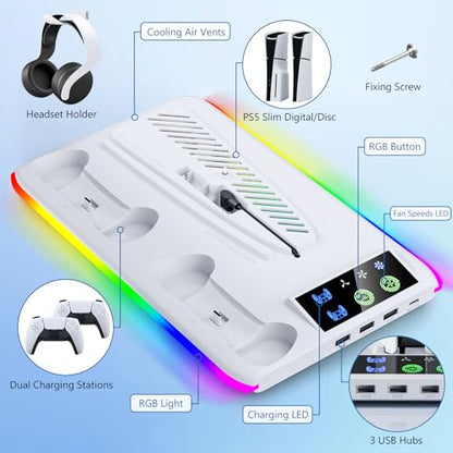 BRHE PS5/Slim Cooling & Charging Station,PS5/Slim Stand for Disc & Digital Console,PS5 Controller Charger,PS5 Slim Accessories with 3 Charging Ports,Cooling Fan,Headset Holder - color: White