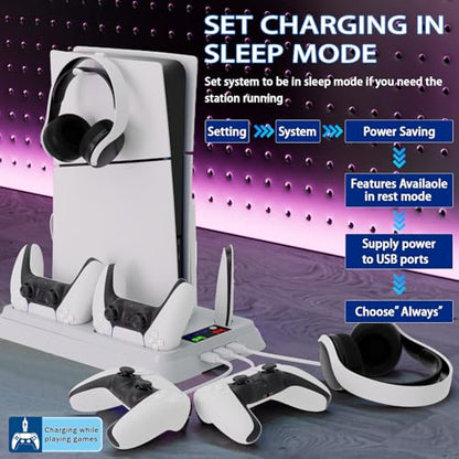 PS5/Slim/Pro Cooling Station for PlayStation 5 Console,PS5 Cooler Fan with Dual PS5 Controller Charger Incl. 3 Level Fans,Headset,3 USB Hubs,PS5/Slim/Pro Stand for PlayStation 5 Console Accessories - color: White