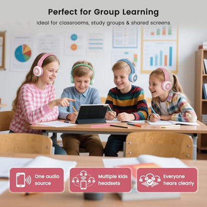 SIMOLIO Manyshare Bluetooth Kids Headphones with Microphone for School,Pink - color: Pink