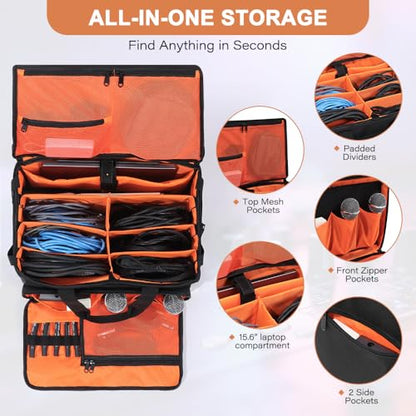 LUCKUP DJ Cable Organizer Bag with Wheels, Detachable Trolley System, 900D Water-Resistant DJ Equipment Storage Organizer with Padded Dividers Laptop Compartment for Musicians, Audio Engineers