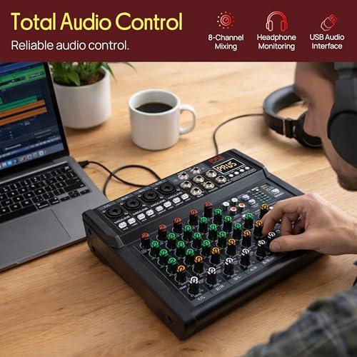 Pyle 8 Channel Studio Mixer - Small Footprint, USB - PC Recording, Bluetooth In, MP3 Player, DSP Effects, +48V Phantom Power, XLR Combo Inputs, Control Room Out, Smooth Dials and Faders - PMX408ST - size: 8
