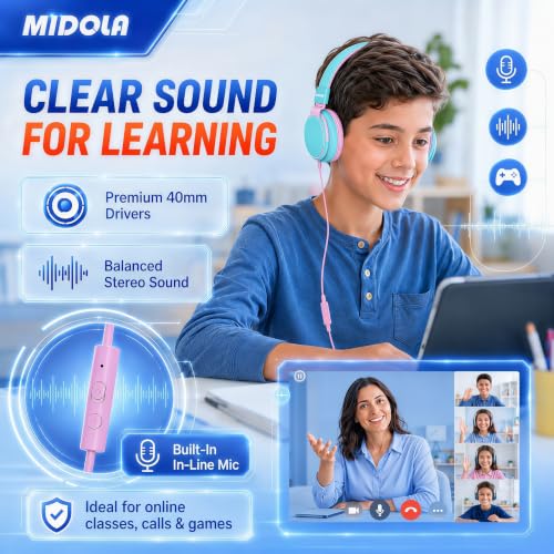 MIDOLA Kids Headphone Wired Volume Limited 85/94dB Over-Ear/On-Ear Foldable Headset with Microphone Hearing Protection Headphones for Toddler Boy Girl Child School Learning Pad Tablet Cyan | Adjustable Headband Foldable Over-Ear Lightweight for Toddler Gi