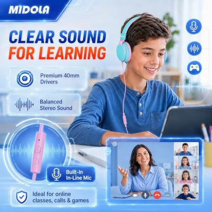MIDOLA Kids Headphone Wired Volume Limited 85/94dB Over-Ear/On-Ear Foldable Headset with Microphone Hearing Protection Headphones for Toddler Boy Girl Child School Learning Pad Tablet Cyan | Adjustable Headband Foldable Over-Ear Lightweight for Toddler Gi