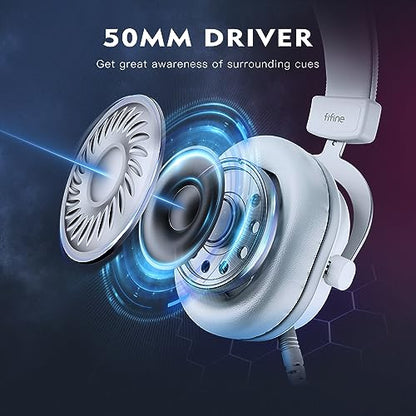 FIFINE H6W USB Gaming Headset,Wired Headphones with Mic for PC/Laptop/PS5 | Tuned 50mm Drivers, 7.1 Surround Sound, 3 EQ Modes, Soft Earmuff, Vibrant RGB, Handy In-line Control, for gaming/streaming - color: White