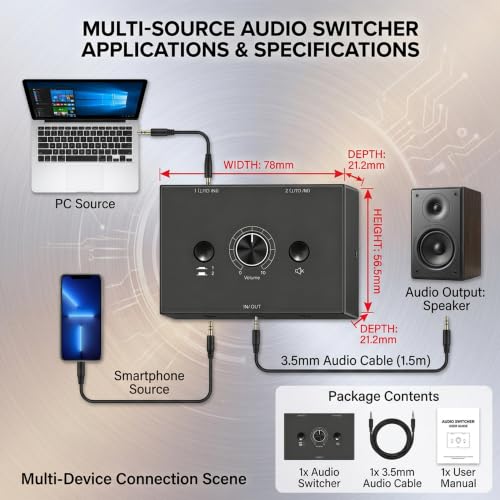 3.5mm Audio Switcher Passive Speaker Selector with Mute