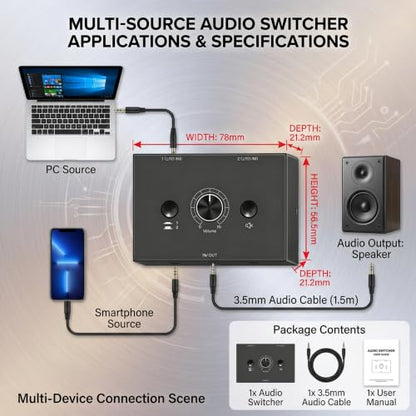 3.5mm Audio Switcher Passive Speaker Selector with Mute