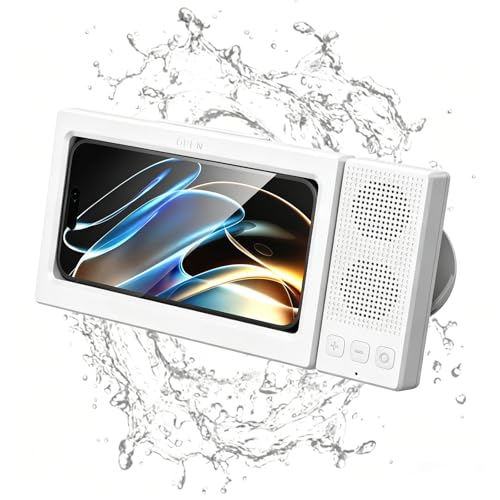 2nd Gen Shower Phone Holder Waterproof with Speaker Hole 1200mAh | 18H Playtime With Dual Bluetooth Speaker IPX6 Speakers High-Sensitivity Touchscreen Rich Bass Sound Bluetooth 5.3 (White） - color: White