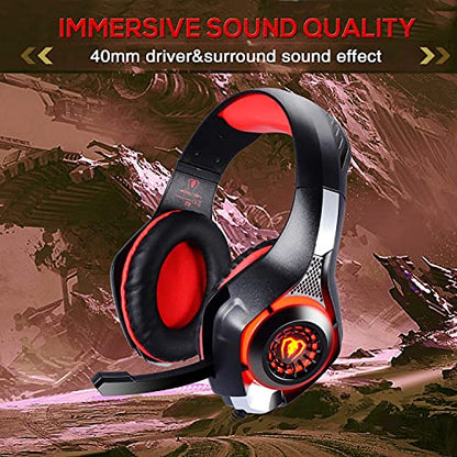Stereo Gaming Headset for PlayStation 4 PS4, Over-Ear Headphones With Mic and LED Lights for Xbox One, PC, Laptop (Red)