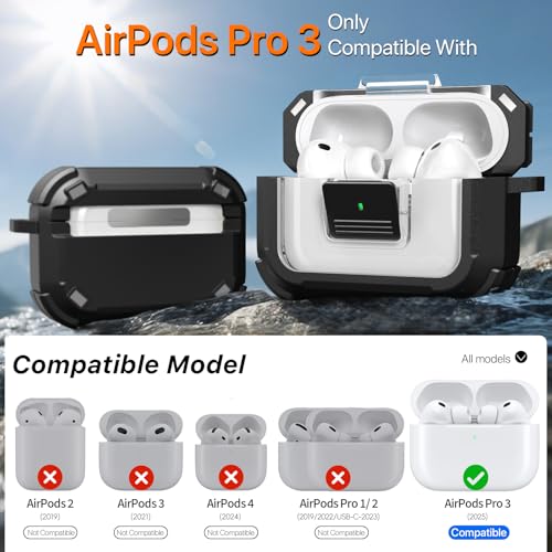 for AirPods Pro 3 Case with Lock Magnetic Lid MagSafe, Black | Compatible Apple AirPods Pro 3, Compatible MagSafe, Protective Case with Cleaner Kit & Carabiner, Powerful Drop Protection - color: A-TW-Black, size: Airpods Pro 3